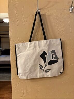Lancome White Canvas Tote with Black Floral Motif